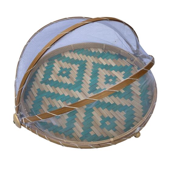 Hand Woven Bamboo Food Serving Tent w/Mesh Cover Teal Aztec - Picture 1 of 8
